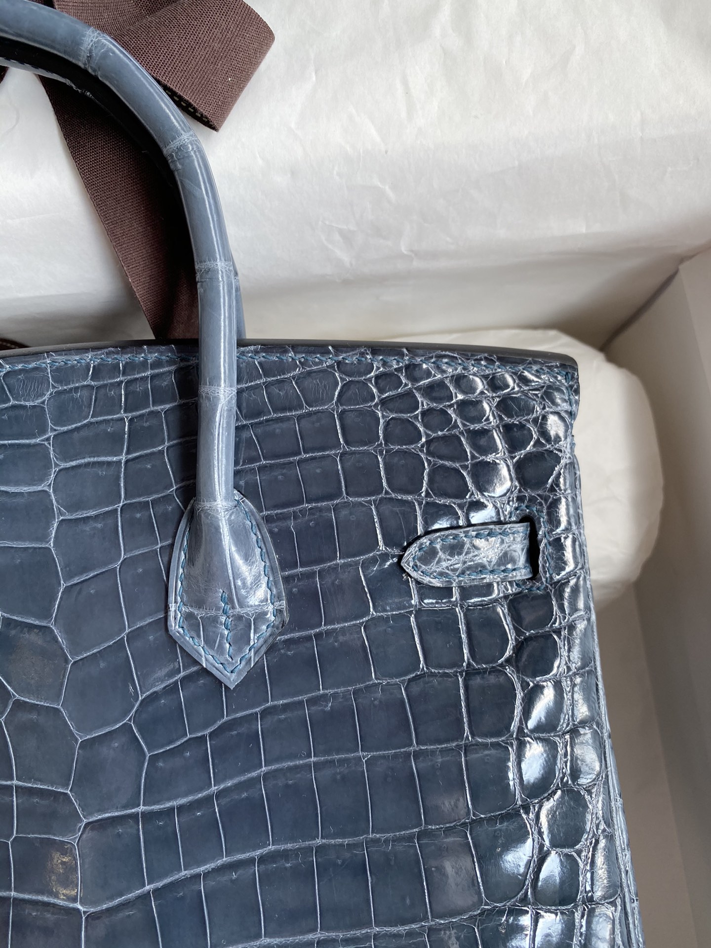 Hermes Birkin 25CM Handmade Bag In Blue Orage Crocodile Niloticus Shiny Skin